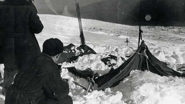 The abandoned Dyatlov party tent as it was found by searchers.