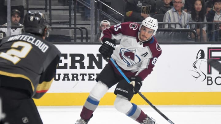 LAS VEGAS, NEVADA - SEPTEMBER 25: Matt Nieto #83 of the Colorado Avalanche takes a shot against the Vegas Golden Knights in the first period of their preseason game at T-Mobile Arena on September 25, 2019 in Las Vegas, Nevada. The Avalanche defeated the Golden Knights 4-1. (Photo by Ethan Miller/Getty Images)