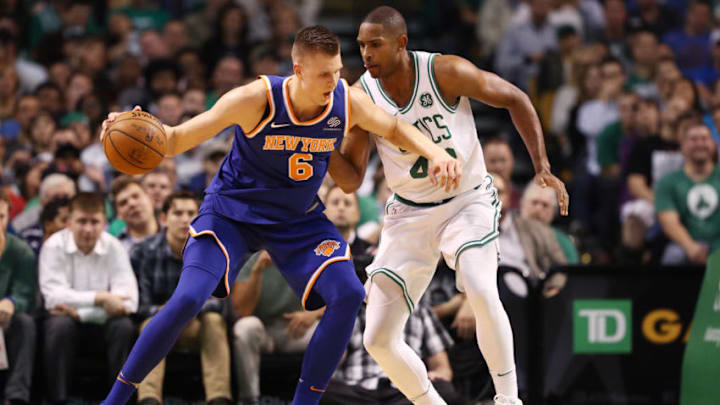 BOSTON, MA - OCTOBER 24: Al Horford #42 of the Boston Celtics defends Kristaps Porzingis #6 of the New York Knicks during the first half at TD Garden on October 24, 2017 in Boston, Massachusetts. (Photo by Maddie Meyer/Getty Images)