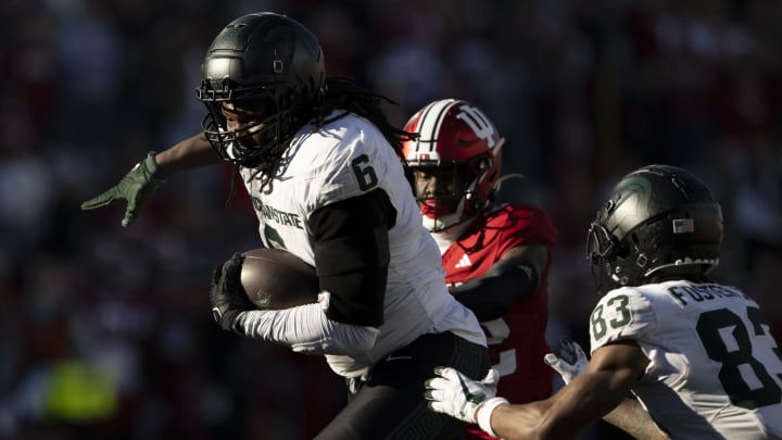 Nov 18, 2023; Bloomington, Indiana, USA; Michigan State Spartans tight end Maliq Carr (6) runs toward the end zone during the second half against the Indiana Hoosiers at Memorial Stadium. Mandatory Credit: Marc Lebryk-USA TODAY Sports