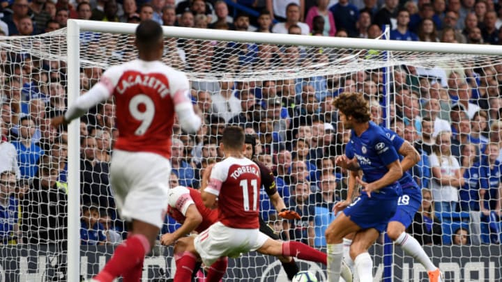LONDON, ENGLAND - AUGUST 18: Marcos Alonso of Chelsea scores his team's third goal during the Premier League match between Chelsea FC and Arsenal FC at Stamford Bridge on August 18, 2018 in London, United Kingdom. (Photo by Shaun Botterill/Getty Images)