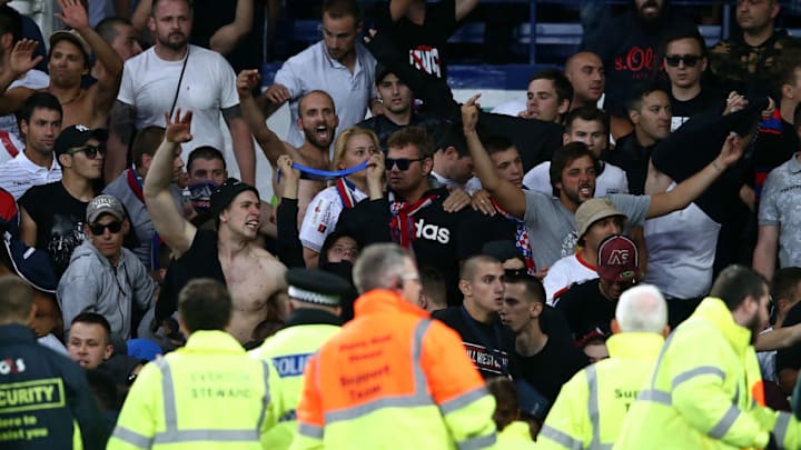 LIVERPOOL, ENGLAND - AUGUST 17: Travelling fans shout abuse during the UEFA Europa League Qualifying Play-Offs round first leg match between Everton FC and Hajduk Split at Goodison Park on August 17, 2017 in Liverpool, United Kingdom. (Photo by Jan Kruger/Getty Images)