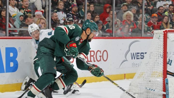 ST. PAUL, MN - DECEMBER 18: Jordan Greenway #18 of the Minnesota Wild goes to the net with the puck during a game with the San Jose Sharks at Xcel Energy Center on December 18, 2018 in St. Paul, Minnesota.(Photo by Bruce Kluckhohn/NHLI via Getty Images)