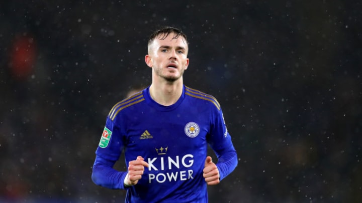 LEICESTER, ENGLAND - JANUARY 08: James Maddison of Leicester City during the Carabao Cup Semi Final match between Leicester City and Aston Villa at The King Power Stadium on January 08, 2020 in Leicester, England. (Photo by Catherine Ivill/Getty Images)