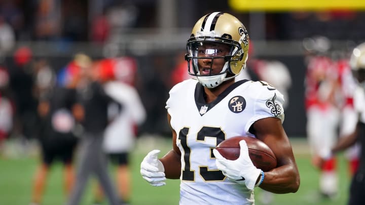 ATLANTA, GA – SEPTEMBER 23: Michael Thomas #13 of the New Orleans Saints warms up prior to the game against the Atlanta Falcons at Mercedes-Benz Stadium on September 23, 2018 in Atlanta, Georgia. (Photo by Daniel Shirey/Getty Images)