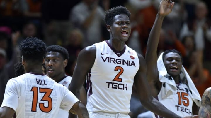 Dec 31, 2016; Blacksburg, VA, USA; Virginia Tech forward Khadim Sy (2) reacts during a time out against the Duke Blue Devils in the first half at Cassell Coliseum. Mandatory Credit: Michael Shroyer-USA TODAY Sports