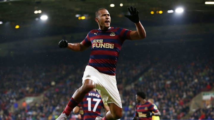 HUDDERSFIELD, ENGLAND - DECEMBER 15: Salomon Rondon of Newcastle United celebrates after scoring his team's first goal during the Premier League match between Huddersfield Town and Newcastle United at John Smith's Stadium on December 15, 2018 in Huddersfield, United Kingdom. (Photo by Jan Kruger/Getty Images)