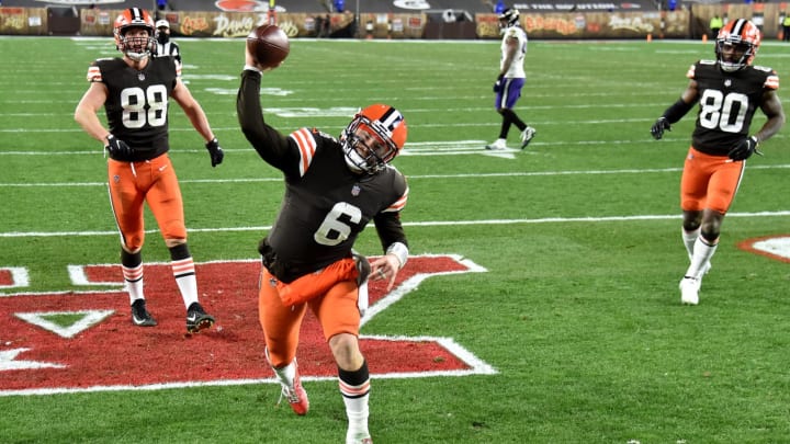 CLEVELAND, OHIO – DECEMBER 14: Baker Mayfield #6 of the Cleveland Browns celebrates a touchdown during the fourth quarter in the game against the Baltimore Ravens at FirstEnergy Stadium on December 14, 2020 in Cleveland, Ohio. (Photo by Jason Miller/Getty Images)