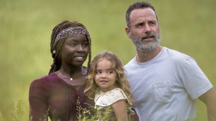 Andrew Lincoln as Rick Grimes, Danai Gurira as Michonne, Chloe Garcia as Judith – The Walking Dead _ Season 9, Episode 1 – Photo Credit: Jackson Lee Davis/AMC