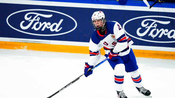 BASEL, SWITZERLAND – APRIL 30: Will Smith of United States in action during final of U18 Ice Hockey World Championship match between United States and Sweden at St. Jakob-Park at St. Jakob-Park on April 30, 2023 in Basel, Switzerland. (Photo by Jari Pestelacci/Eurasia Sport Images/Getty Images)
