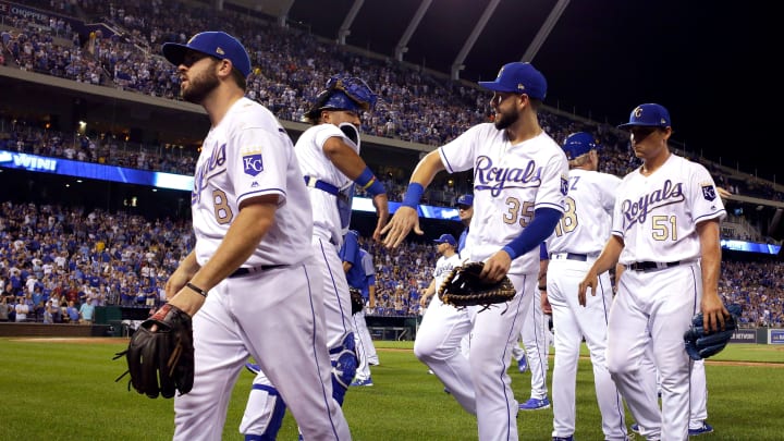 Salvador Perez #13 and Eric Hosmer #35 of the Kansas City Royals (Photo by Jamie Squire/Getty Images)