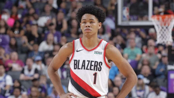 SACRAMENTO, CA - OCTOBER 25: Anfernee Simons #1 of the Portland Trail Blazers looks on during the game against the Sacramento Kings on October 25, 2019 at Golden 1 Center in Sacramento, California. NOTE TO USER: User expressly acknowledges and agrees that, by downloading and or using this photograph, User is consenting to the terms and conditions of the Getty Images Agreement. Mandatory Copyright Notice: Copyright 2019 NBAE (Photo by Rocky Widner/NBAE via Getty Images)