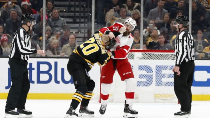BOSTON, MA - DECEMBER 01: Detroit Red Wings defenseman Luke Witkowski (28) pulls the helmet off Boston Bruins left wing Joakim Nordstrom (20) during a game between the Boston Bruins and the Detroit Red Wings on December 1, 2018, at TD Garden in Boston, Massachusetts. (Photo by Fred Kfoury III/Icon Sportswire via Getty Images)