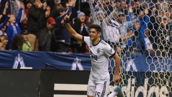Apr 1, 2017; Vancouver, British Columbia, CAN; Vancouver Whitecaps midfielder Matias Laba (15) celebrates his second goal against Los Angeles Galaxy goalkeeper Clement Diop (not pictured) during the second half at BC Place. The Vancouver Whitecaps won 4-2. Mandatory Credit: Anne-Marie Sorvin-USA TODAY Sports