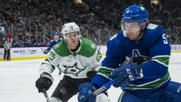 Nov 7, 2021; Vancouver, British Columbia, CAN;Dallas Stars forward Joel Kiviranta (25) checks Vancouver Canucks defenseman Tucker Poolman (5) in the second period at Rogers Arena. Mandatory Credit: Bob Frid-USA TODAY Sports