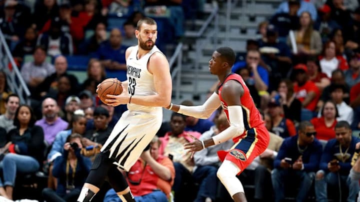 NEW ORLEANS, LA - APRIL 04: Marc Gasol #33 of the Memphis Grizzlies is defended by Cheick Diallo #13 of the New Orleans Pelicans during the first half of a NBA game at the Smoothie King Center on April 4, 2018 in New Orleans, Louisiana. NOTE TO USER: User expressly acknowledges and agrees that, by downloading and or using this photograph, User is consenting to the terms and conditions of the Getty Images License Agreement. (Photo by Sean Gardner/Getty Images)