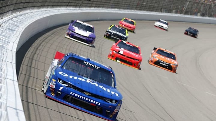 Jun 11, 2016; Brooklyn, MI, USA; Xfinity Series driver Elliott Sadler (1) during the Menards 250 Presented By Valvoline at Michigan International Speedway. Mandatory Credit: Aaron Doster-USA TODAY Sports