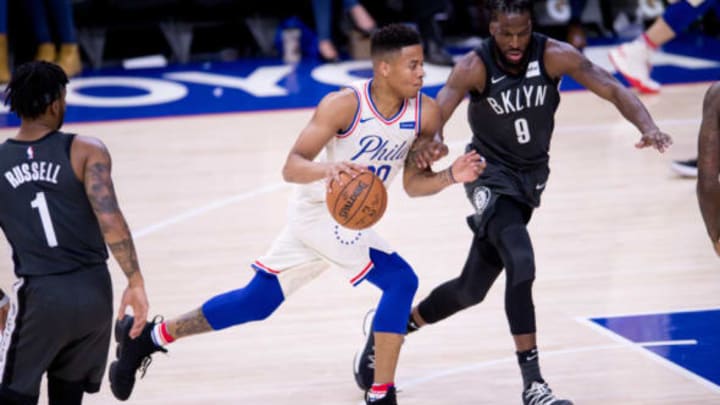 PHILADELPHIA, PA – APRIL 03: Philadelphia 76ers Guard Markelle Fultz (20) drives against Brooklyn Nets Forward DeMarre Carroll (9) in the first half during the game between the Brooklyn Nets and Philadelphia 76ers on April 03, 2018 at Wells Fargo Center in Philadelphia, PA. (Photo by Kyle Ross/Icon Sportswire via Getty Images)