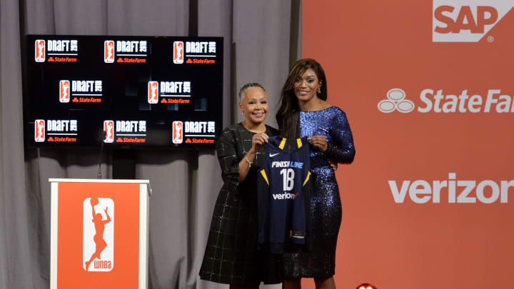 NEW YORK, NY – APRIL 12: Victoria Vivians stands with WNBA President Lisa Borders after being selected