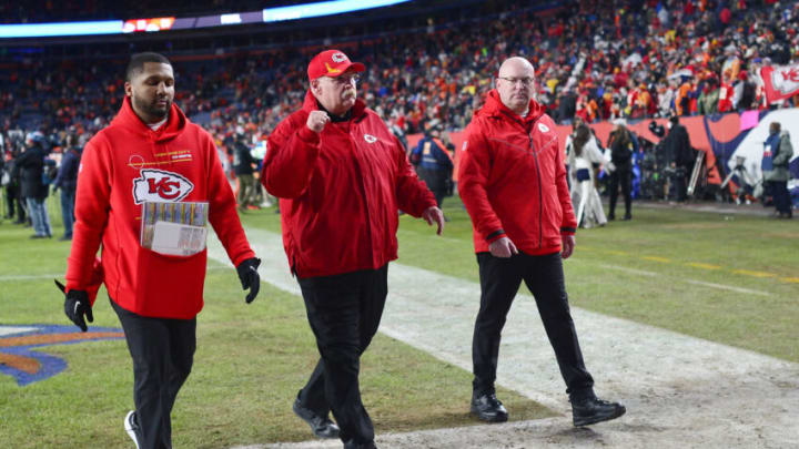 DENVER, COLORADO - JANUARY 08: Kansas City Chiefs head coach Andy Reid exits the field after defeating the Denver Broncos 28-24 at Empower Field At Mile High on January 08, 2022 in Denver, Colorado. (Photo by Dustin Bradford/Getty Images)