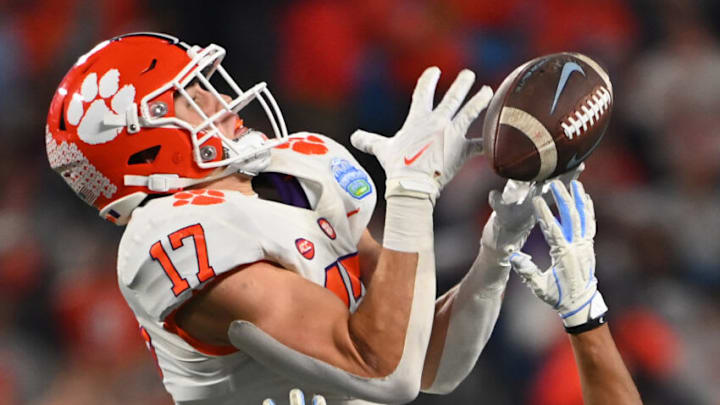 Dec 3, 2022; Charlotte, North Carolina, USA; Clemson Tigers linebacker Wade Woodaz (17) attempts to intercept the ball in the third quarter at Bank of America Stadium. Mandatory Credit: Bob Donnan-USA TODAY Sports