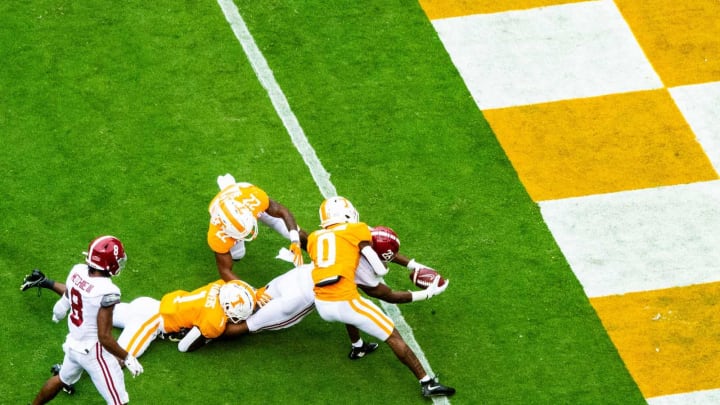 Alabama running back Najee Harris (22) dives towards the end zone during the Alabama and Tennessee football game at Neyland Stadium at the University of Tennessee in Knoxville, Tenn., on Saturday, Oct. 24, 2020.Tennessee Vs Alabama Football 100410