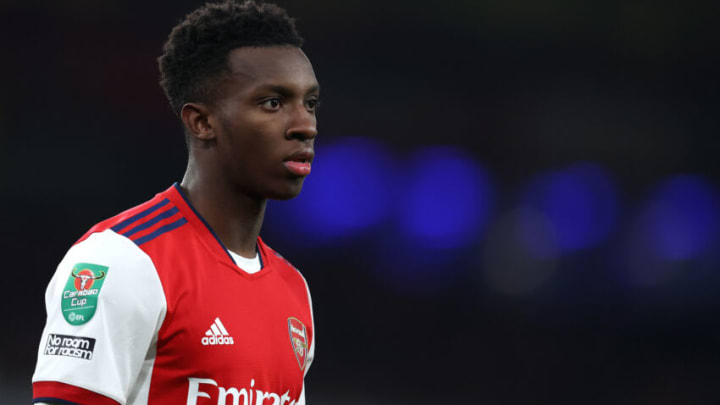 LONDON, ENGLAND - DECEMBER 21: Eddie Nketiah of Arsenal looks on during the Carabao Cup Quarter Final match between Arsenal and Sunderland at Emirates Stadium on December 21, 2021 in London, England. (Photo by Julian Finney/Getty Images)