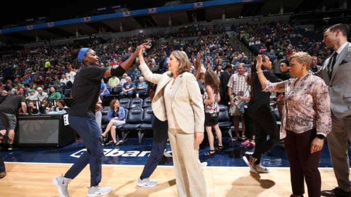 MINNEAPOLIS, MN- JULY 17: Cheryl Reeve of the Minnesota Lynx high-fives teammates before the game against the Seattle Storm on July 17, 2019 at the Target Center in Minneapolis, Minnesota NOTE TO USER: User expressly acknowledges and agrees that, by downloading and or using this photograph, User is consenting to the terms and conditions of the Getty Images License Agreement. Mandatory Copyright Notice: Copyright 2019 NBAE (Photo by David Sherman/NBAE via Getty Images)