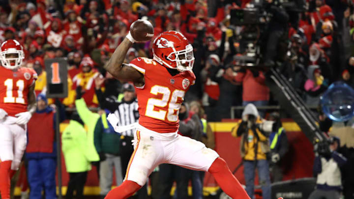 KANSAS CITY, MISSOURI - JANUARY 20: Damien Williams #26 of the Kansas City Chiefs celebrates after rushing for a 2-yard touchdown in the fourth quarter against the New England Patriots during the AFC Championship Game at Arrowhead Stadium on January 20, 2019 in Kansas City, Missouri. (Photo by Ronald Martinez/Getty Images)