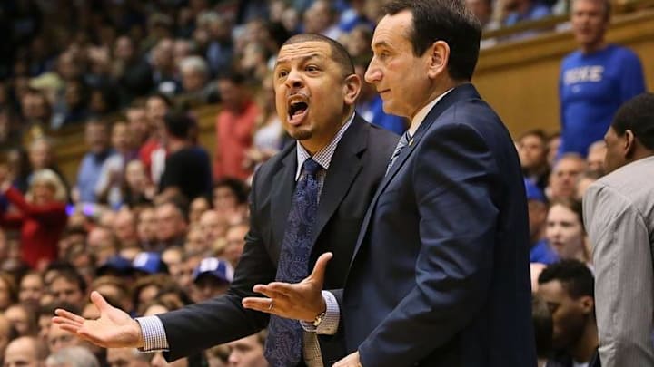 Feb 6, 2016; Durham, NC, USA; Duke Blue Devils associate head coach Jeff Capel questions a call by the officials in the first half of their game against the North Carolina State Wolfpack at Cameron Indoor Stadium. Mandatory Credit: Mark Dolejs-USA TODAY Sports