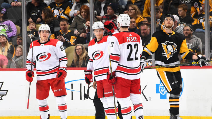 PITTSBURGH, PA – JANUARY 04: Sebastian Aho #20 of the Carolina Hurricanes celebrates his second goal of the game with teammates during the third period against the Pittsburgh Penguins at PPG Paints Arena on January 4, 2018 in Pittsburgh, Pennsylvania. (Photo by Joe Sargent/NHLI via Getty Images)