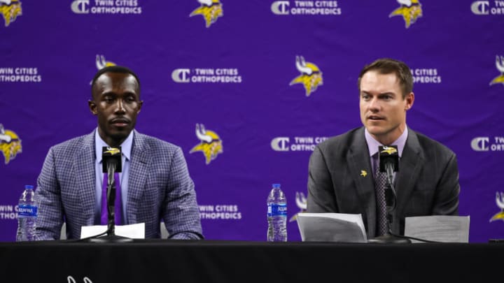 EAGAN, MN - FEBRUARY 17: General manager Kwesi Adofo-Mensah (L) and Head coach Kevin O'Connell of the Minnesota Vikings address the media at TCO Performance Center on February 17, 2022 in Eagan, Minnesota. (Photo by David Berding/Getty Images)