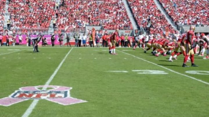 Oct 5, 2014; Santa Clara, CA, USA; General view of NFL pink breast cancer awareness month logo on the field during the game between the Kansas City Chiefs and the San Francisco 49ers at Levi