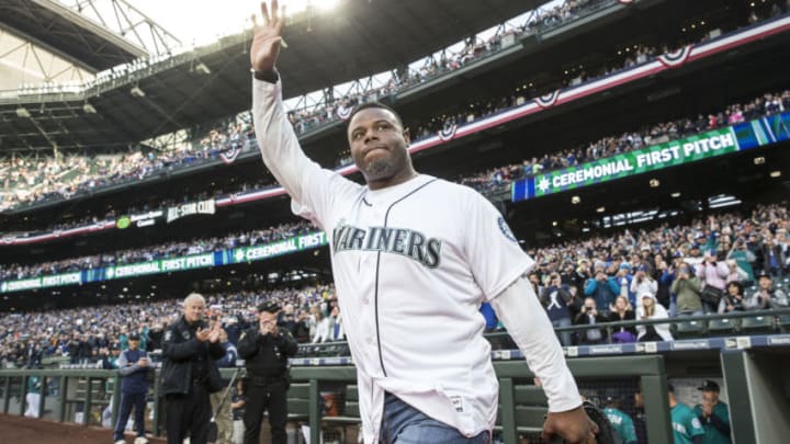 SEATTLE, WA - APRIL 14: Seattle Mariners Hall of Famer Ken Griffey Jr., acknowledges the crowd before the ceremonial first pitch prior to a game between the Texas Rangers and the Seattle Mariners at Safeco Field on April 14, 2017 in Seattle, Washington. The Mariners won 2-1. (Photo by Stephen Brashear/Getty Images)