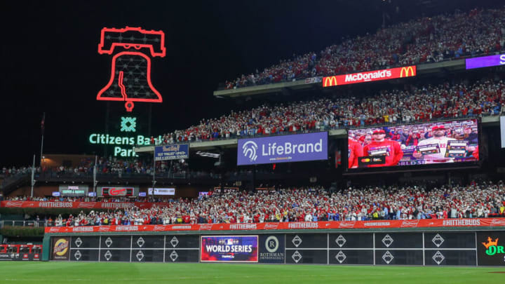 Nov 2, 2022; Philadelphia, Pennsylvania, USA; A general view as fans hold up Stand Up To Cancer signs during game four of the 2022 World Series between the Philadelphia Phillies and the Houston Astros at Citizens Bank Park. Mandatory Credit: Bill Streicher-USA TODAY Sports