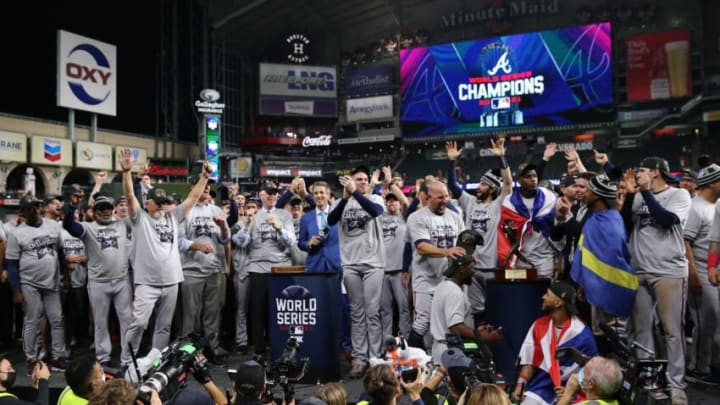 Auburn footballNov 2, 2021; Houston, TX, USA; Atlanta Braves players celebrate on stage after defeating the Houston Astros in game six of the 2021 World Series at Minute Maid Park. Mandatory Credit: Troy Taormina-USA TODAY Sports