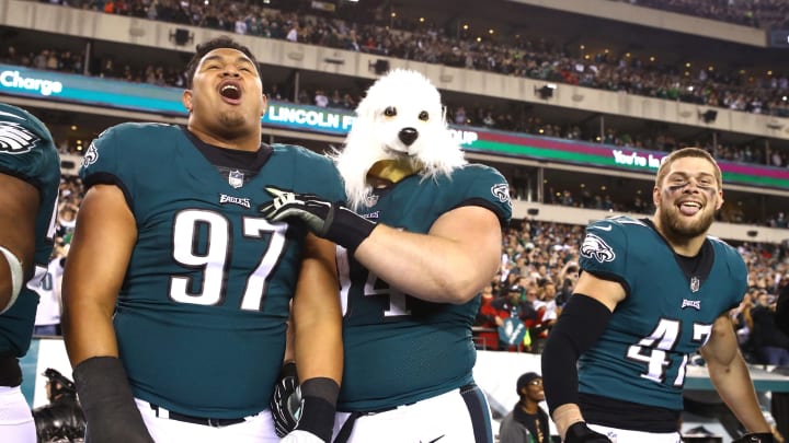 PHILADELPHIA, PA – JANUARY 21: Destiny Vaeao #97, Beau Allen #94 and Nate Gerry #47 of the Philadelphia Eagles celebrate their teams win over the Minnesota Vikings in the NFC Championship game at Lincoln Financial Field on January 21, 2018 in Philadelphia, Pennsylvania.The Philadelphia Eagles defeated the Minnesota Vikings 38-7. (Photo by Al Bello/Getty Images)