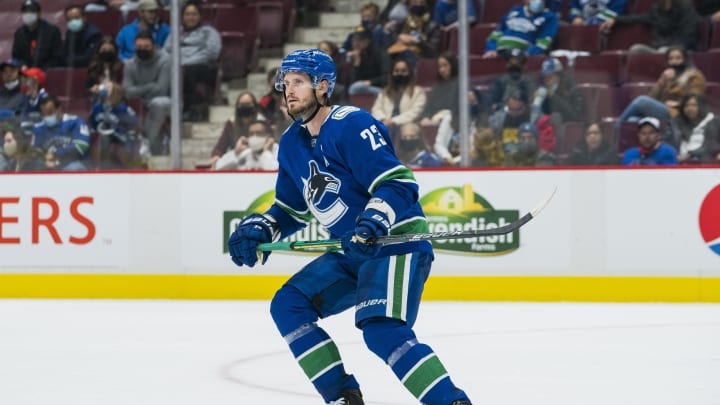 Oct 3, 2021; Vancouver, British Columbia, CAN; Vancouver Canucks defenseman Oliver Ekman-Larsson (23) skates against the Winnipeg Jets in the third period at Rogers Arena. Canucks won 3-2. Mandatory Credit: Bob Frid-USA TODAY Sports