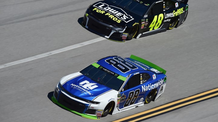 TALLADEGA, AL – OCTOBER 13: Alex Bowman, driver of the #88 Nationwide Chevrolet, and Jimmie Johnson, driver of the #48 Lowe’s for Pros Chevrolet (Photo by Jared C. Tilton/Getty Images)