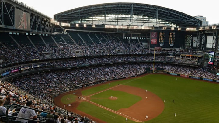 PHOENIX, AZ - MARCH 31: A aerial view of action as starting pitcher Zack Greinke #21 of the Arizona Diamondbacks delivers a pitch in the MLB game against the Colorado Rockies at Chase Field on March 31, 2018 in Phoenix, Arizona. (Photo by Jennifer Stewart/Getty Images)