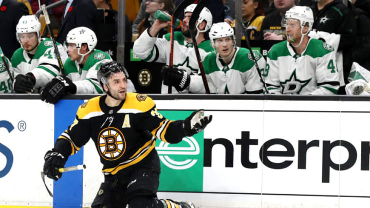 BOSTON, MA - NOVEMBER 5: Patrice Bergeron #37 of the Boston Bruins looks for a foul call during the third period against the Dallas Stars at TD Garden on November 5, 2018 in Boston, Massachusetts. (Photo by Maddie Meyer/Getty Images)