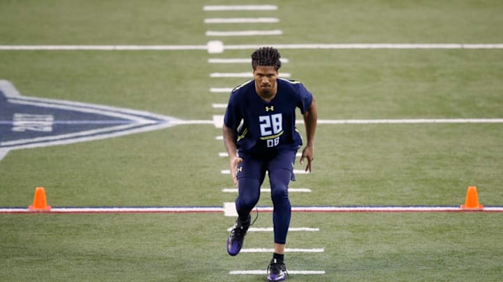 INDIANAPOLIS, IN - MARCH 06: Defensive back Sidney Jones of Washington participates in a drill during day six of the NFL Combine at Lucas Oil Stadium on March 6, 2017 in Indianapolis, Indiana. (Photo by Joe Robbins/Getty Images)