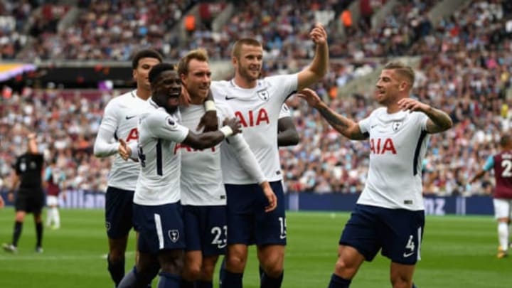 LONDON, ENGLAND – SEPTEMBER 23: Christian Eriksen of Tottenham Hotspur celebrates scoring his sides third goal with his Tottenham Hotspur team mates during the Premier League match between West Ham United and Tottenham Hotspur at London Stadium on September 23, 2017 in London, England. (Photo by Mike Hewitt/Getty Images)