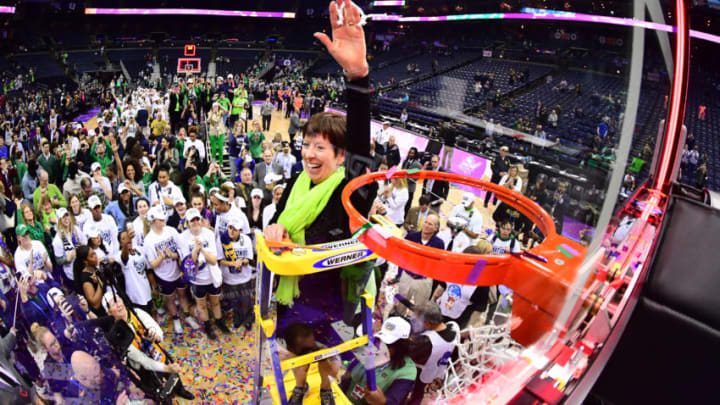 COLUMBUS, OH - APRIL 1: Notre Dame Fighting Irish head coach Muffet McGraw waves to the crowd after cutting a piece of the net to celebrate beating Mississippi in the championship game of the 2018 NCAA Division I Women's Basketball Final Four at Nationwide Arena in Columbus, Ohio. (Photo by Ben Solomon/NCAA Photos via Getty Images)