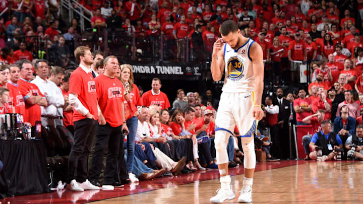 HOUSTON, TX - MAY 28: Stephen Curry #30 of the Golden State Warriors reacts to a play in Game Seven of the Western Conference Finals against the Houston Rockets during the 2018 NBA Playoffs on May 28, 2018 at the Toyota Center in Houston, Texas. NOTE TO USER: User expressly acknowledges and agrees that, by downloading and or using this photograph, User is consenting to the terms and conditions of the Getty Images License Agreement. Mandatory Copyright Notice: Copyright 2018 NBAE (Photo by Andrew D. Bernstein/NBAE via Getty Images)