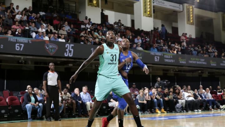 WHITE PLAINS, NY - MAY 29: #31 of the New York Liberty boxes out against Azura Stevens #30 of the Dallas Wings on May 29, 2018 at Westchester County Center in White Plains, New York. NOTE TO USER: User expressly acknowledges and agrees that, by downloading and or using this photograph, User is consenting to the terms and conditions of the Getty Images License Agreement. Mandatory Copyright Notice: Copyright 2018 NBAE (Photo by Steve Freeman/NBAE via Getty Images)