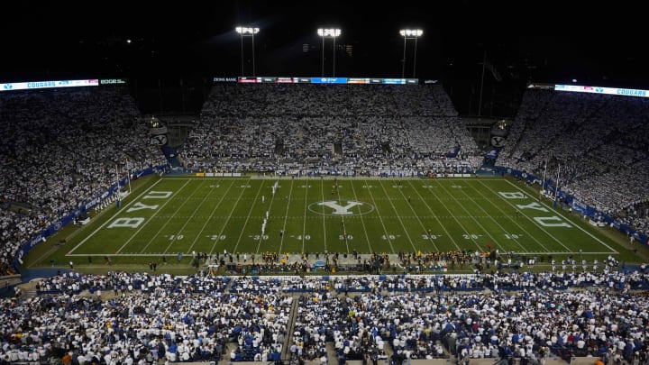 Sep 18, 2021; Provo, Utah, USA; A general overall view of LaVell Edwards Stadium during the game between the BYU Cougars and the Arizona State Sun Devils. Mandatory Credit: Kirby Lee-USA TODAY Sports