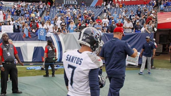 NASHVILLE, TENNESSEE - OCTOBER 06: Kicker Cairo Santos #7 of the Tennessee Titans leaves the field after missing four field goal attempts in a 14-7 loss to the Buffalo Bills at Nissan Stadium on October 06, 2019 in Nashville, Tennessee. (Photo by Frederick Breedon/Getty Images)