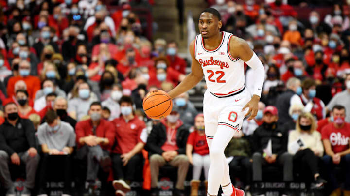 COLUMBUS, OHIO - JANUARY 16: Malaki Branham #22 of the Ohio State Buckeyes brings the ball up court during the first half against the Penn State Nittany Lions at Value City Arena on January 16, 2022 in Columbus, Ohio. (Photo by Emilee Chinn/Getty Images)