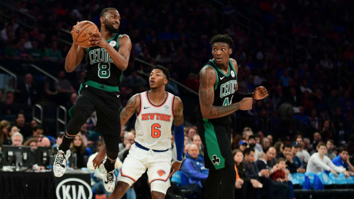 NEW YORK, NEW YORK - OCTOBER 26: Kemba Walker #8 of the Boston Celtics jumps to catch the ball during the first half of their game against the New York Knicks at Madison Square Garden on October 26, 2019 in New York City. NOTE TO USER: User expressly acknowledges and agrees that, by downloading and or using this photograph, User is consenting to the terms and conditions of the Getty Images License Agreement. (Photo by Emilee Chinn/Getty Images)